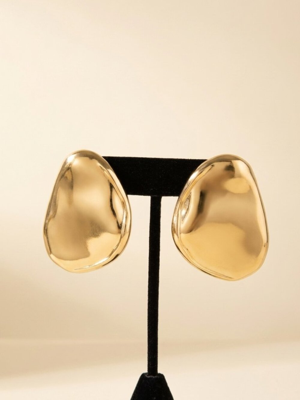 Bold Gold Statement Earrings Pebble Shape Sculptural Organic Design
